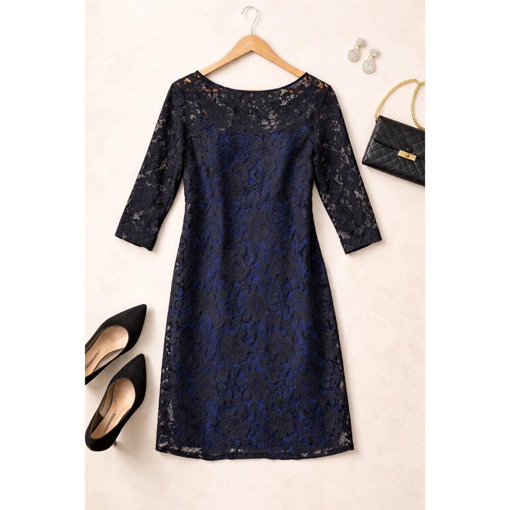 Donna Morgan Lace Sheath Dress Blue Black Floral 3/4 Sleeve Size 12 EUC